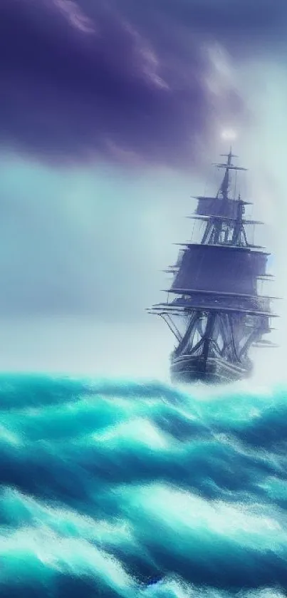 Mystical ship sailing through stormy seas, vibrant teal and purple hues.