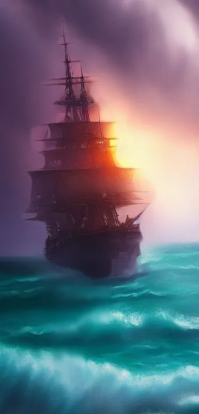 A mystical ship sails on turquoise waters against a vibrant sky.