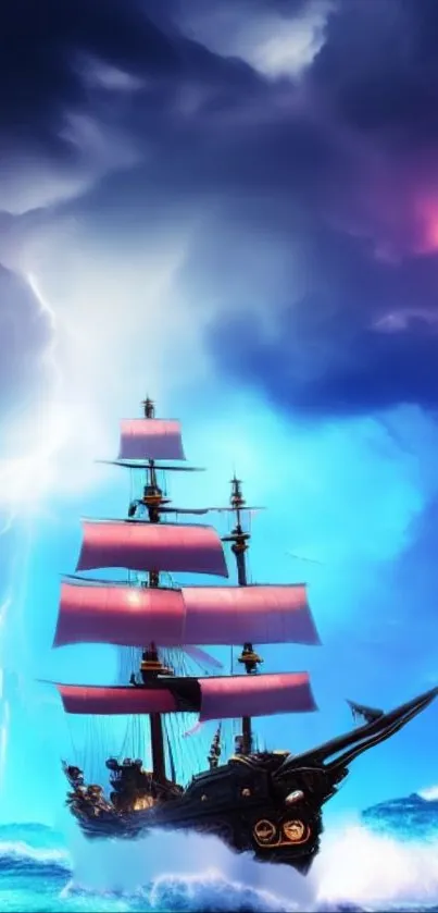 Mystical ship sailing under a vibrant sky with ocean waves.