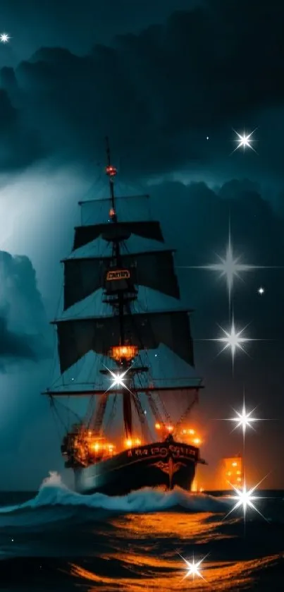 Ship sailing in a stormy sea with dramatic dark clouds and lightning.