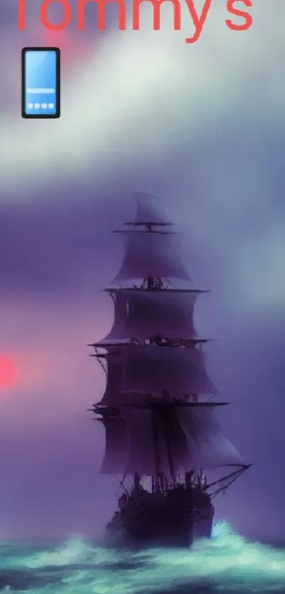 Mystical ship sailing under a vibrant purple sky at sunset.