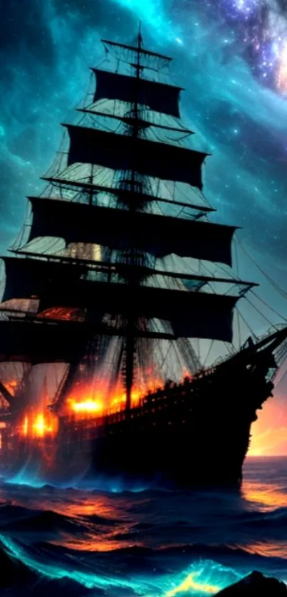 Majestic ship sailing under a vibrant, cosmic night sky.