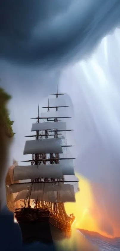 A mystical ship sails under stormy skies and vibrant sunlit ocean.