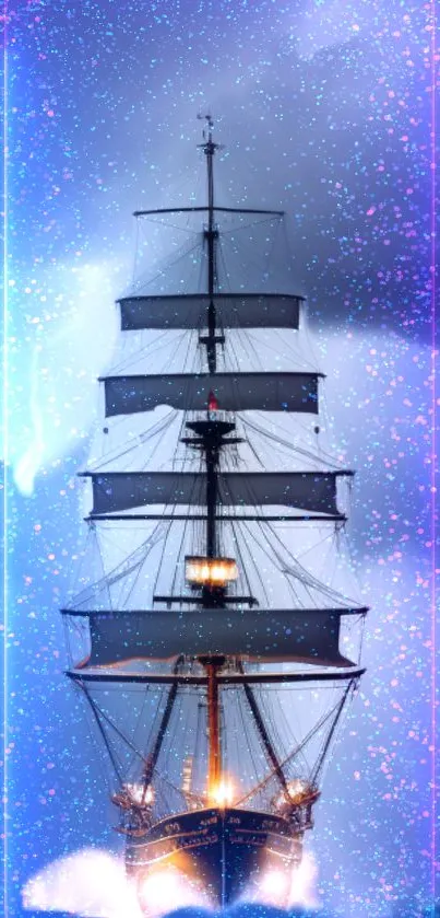 Majestic ship sailing through cosmic indigo sky with stars.