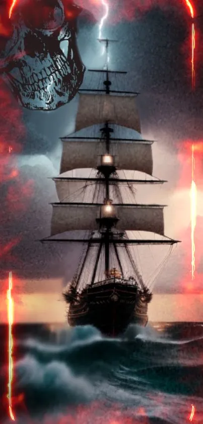 Mystical pirate ship with fiery sky and ocean waves wallpaper.