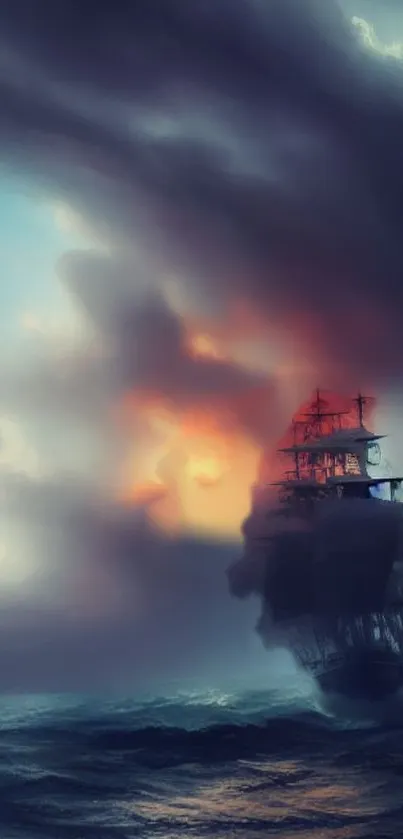 A mystical ship sails through a colorful sunset on the ocean.