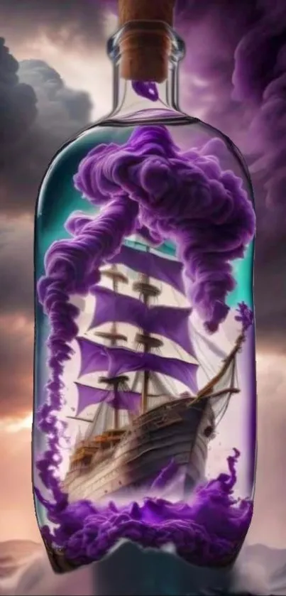 Mystical ship in a bottle with purple smoke under a dramatic sky.