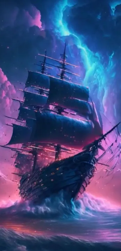 Majestic ship sailing through a colorful, stormy sky with vivid lightning.