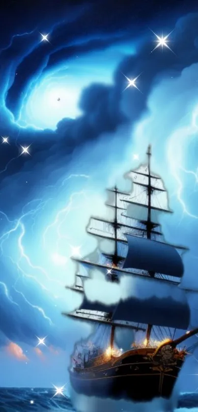 Mystical ship sails through a blue-tinged stormy night with stars twinkling.