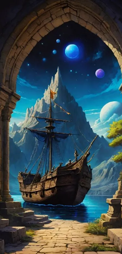 Fantasy ship sailing beneath a cosmic sky with planets.