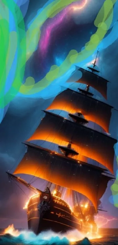 Majestic ship sailing under a vivid cosmic night with glowing auroras.