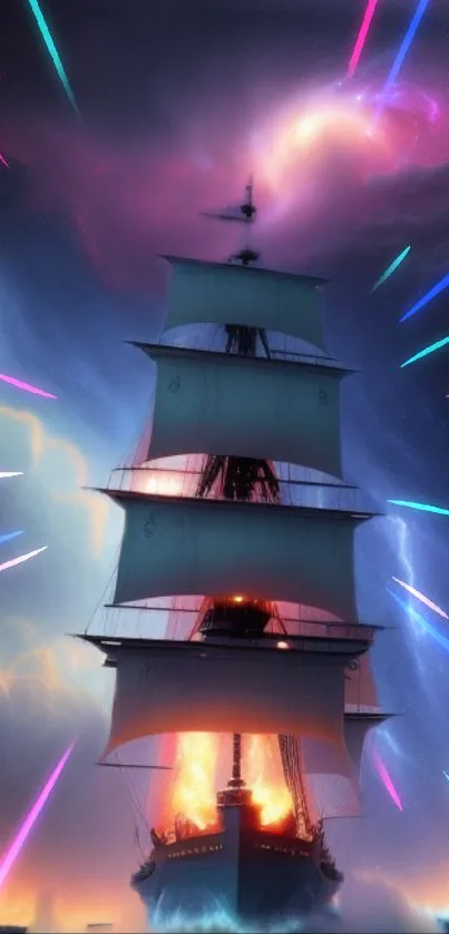 A mystical ship sails through vibrant cosmic skies, surrounded by colorful streaks.