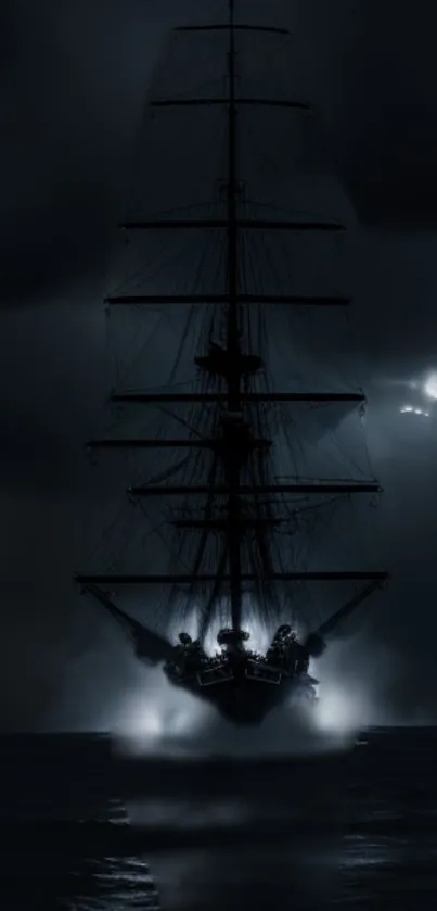 Eerie dark ocean wallpaper with ghostly ship in mist.