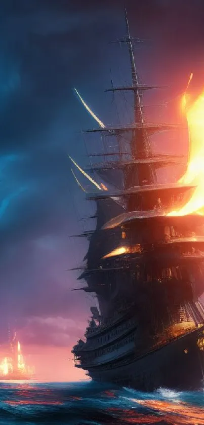 A majestic ship sails through a fiery storm under a dynamic, colorful sky.