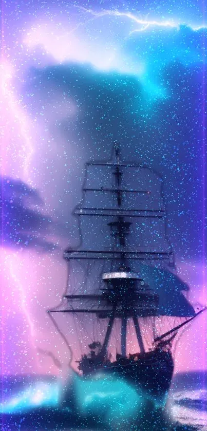 A mystical ship sails through vibrant lightning and blue ocean waters.