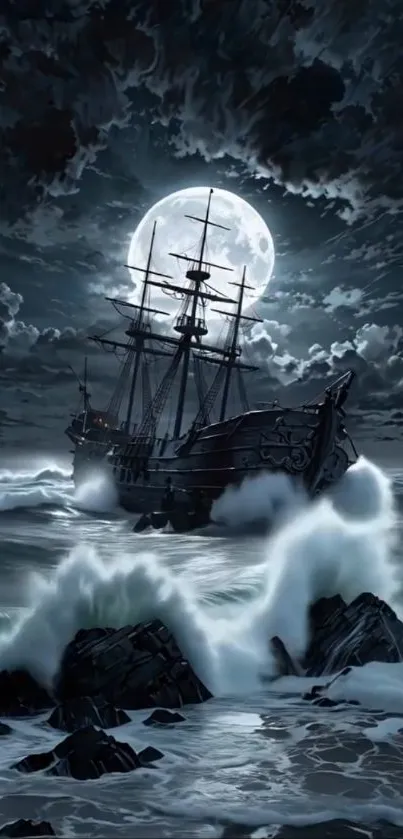 Dark ship sailing in a moonlit stormy sea.