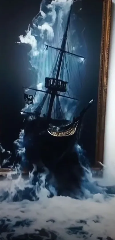 Artistic ship emerging from a painting in a dramatic scene.