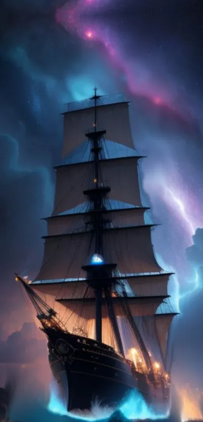 Mystical ship under vibrant neon skies on the ocean at night.