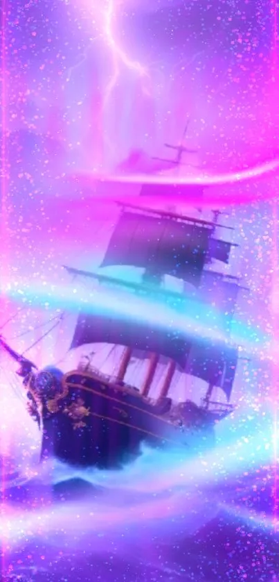 Mystical sailing ship in a neon storm with vibrant lights.