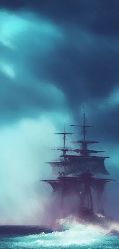 Mystical ship sailing through a dramatic ocean storm, capturing an adventurous scene.