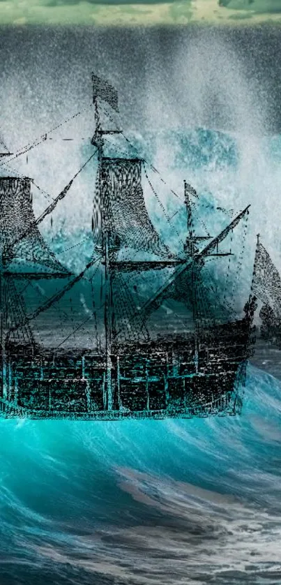 Black ship in vibrant turquoise ocean waves, creating a captivating visual scene.