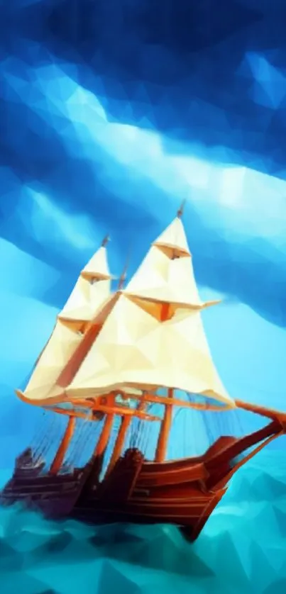 Sailing ship navigating bright blue polygonal ocean waves.