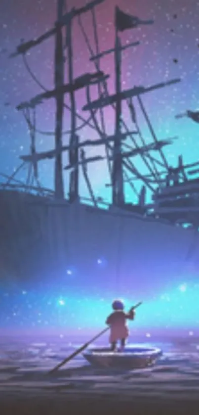 Child in a boat gazing at an ethereal ship under a starlit indigo sky.