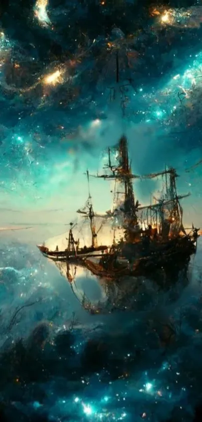 A mystical ship sails through a starry, cosmic sky, creating an enchanting wallpaper.