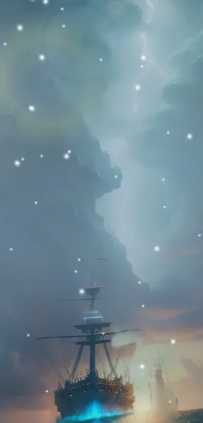 Mysterious ship under a starry sky with clouds.