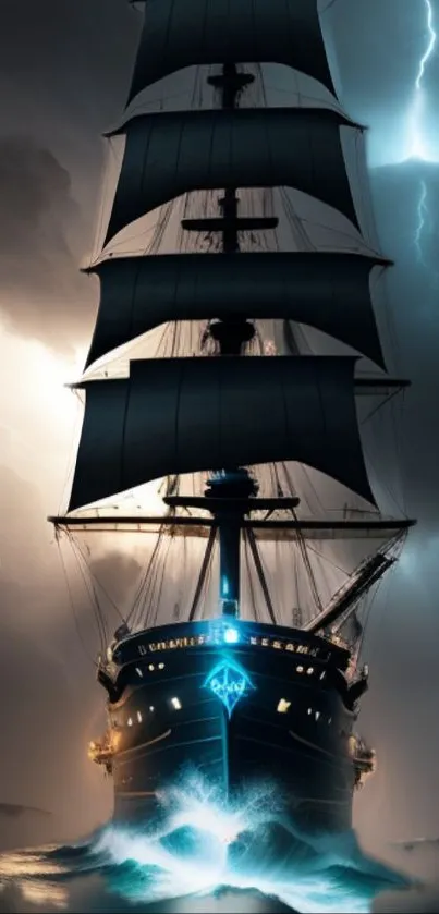 A majestic ship sails through a storm with dramatic clouds and lightning.