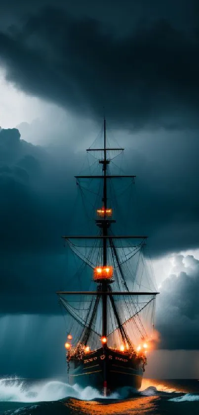 Majestic ship sails through a stormy ocean under dramatic dark clouds.