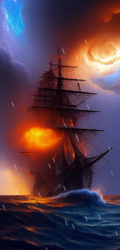 Dramatic ship sailing under a fiery stormy sky.