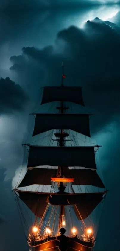 Dramatic ship sails through a stormy night sky, illuminated by glowing lights.