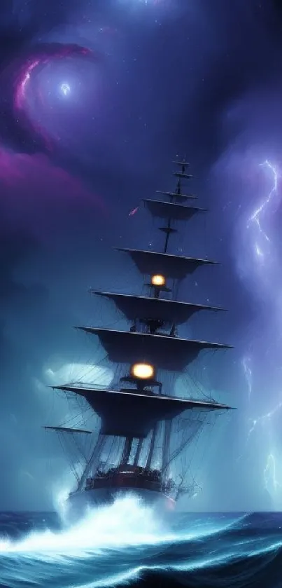 Tall ship navigating a stormy ocean under a dark, mystical sky with lightning flashes.