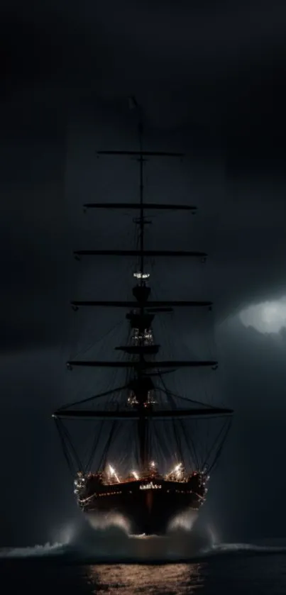 A majestic ship illuminated by lights sails through a dark, stormy night.