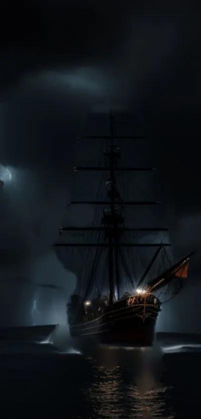 A ship sails through a stormy night with distant lightning.