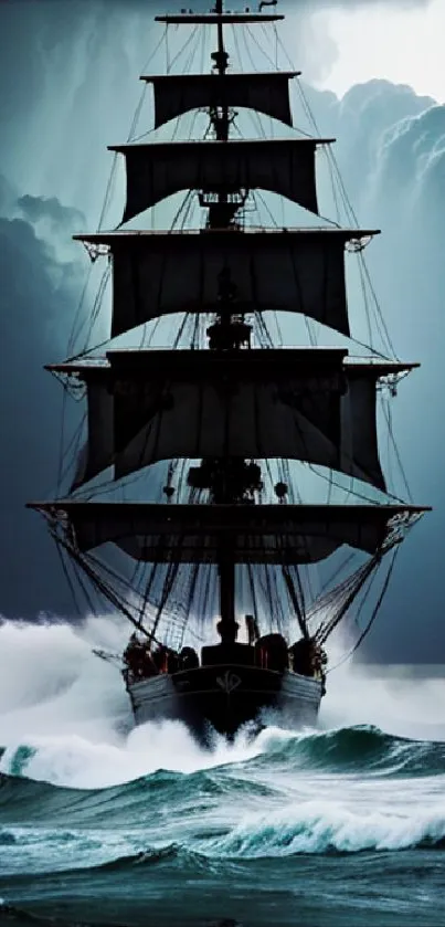 Tall ship sailing in a stormy ocean with dark clouds overhead.