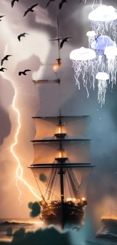 Ship at sea with lightning and glowing jellyfish.