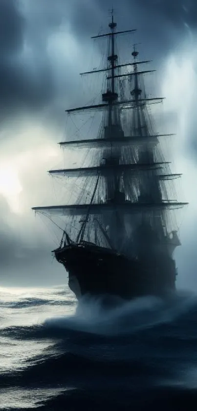 Mystical ship sailing through stormy seas with dark clouds overhead.