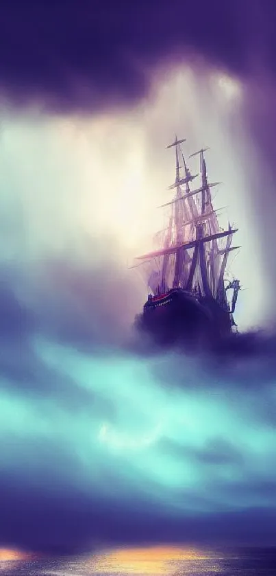 A mystical ship sails through stormy seas under a swirling purple sky.