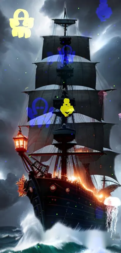 Mystical ship illuminated with neon elements in a stormy ocean setting.