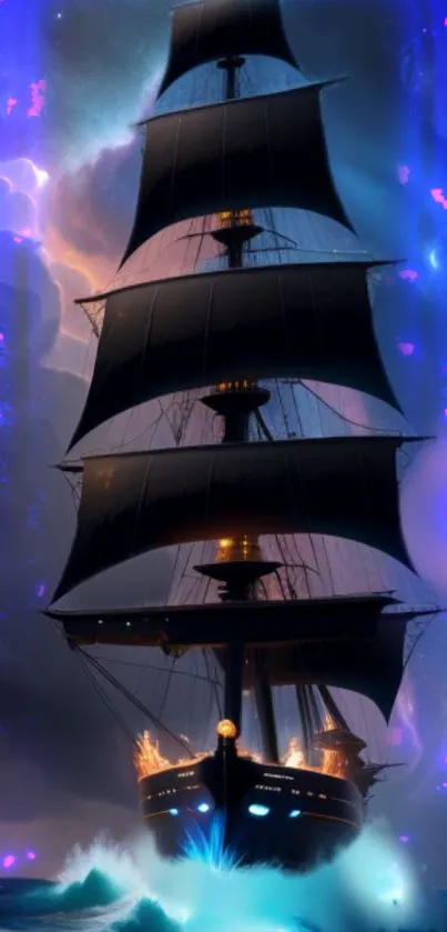 Mystical ship sails through stormy seas under vivid celestial skies.