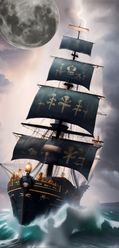 Tall ship sailing in stormy seas under a full moon.