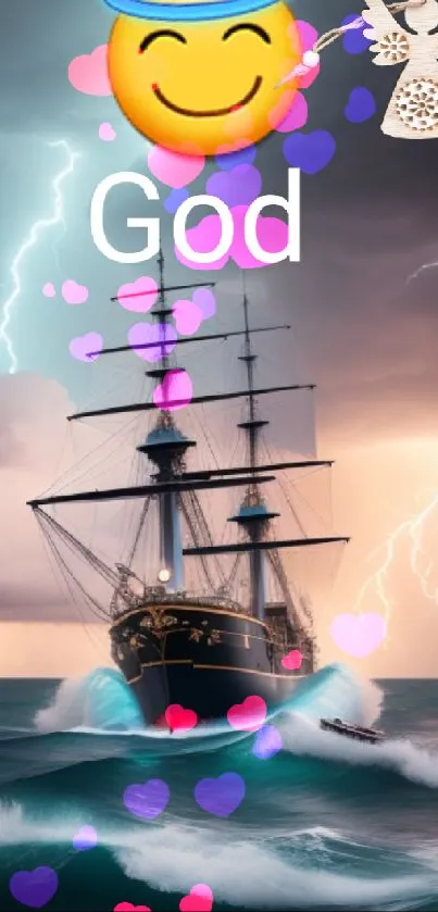 Majestic ship in stormy ocean with emoji and divine aura.