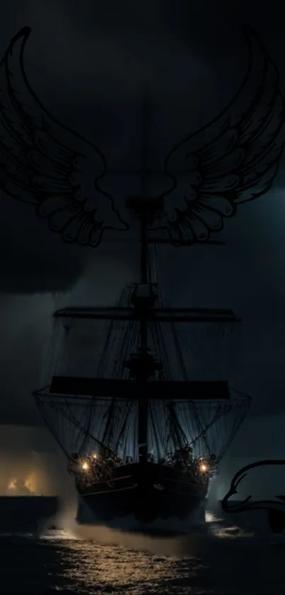 A mystical ship navigating stormy seas at night.