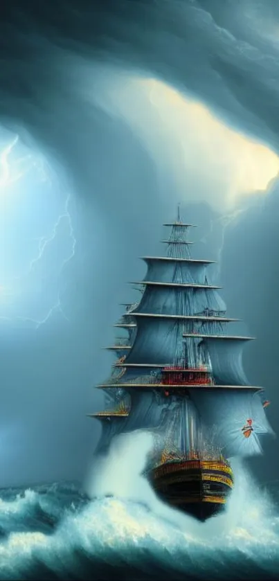 Mystical ship sails through stormy ocean waves, vibrant blue sky.