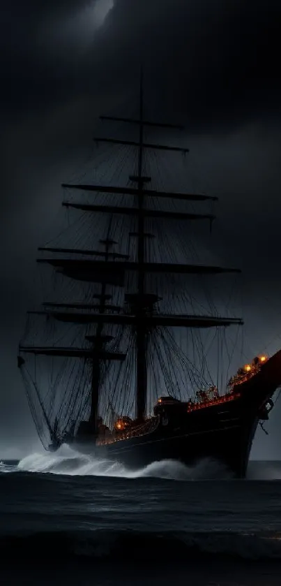 Dark ship sailing through stormy seas with illuminated masts at night.