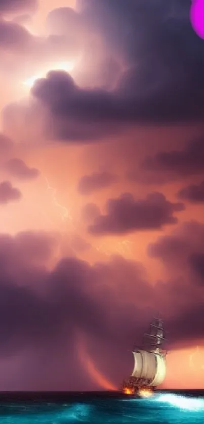 A ship sails through a vibrant thunderstorm beneath dark clouds with a purple emoji.