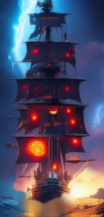 Majestic ship sails through stormy seas illuminated by lightning bolts.