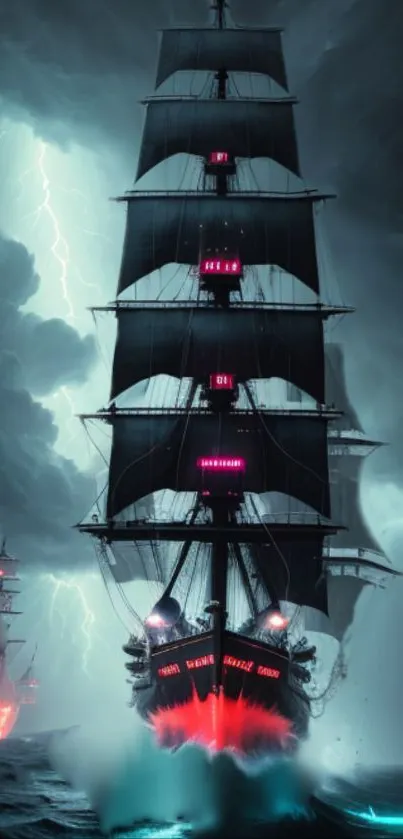 Mystical ship sails through stormy, dark ocean with lightning in the background.